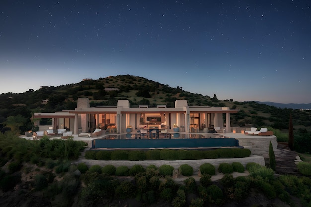 a large house with a pool and a fire place in the background