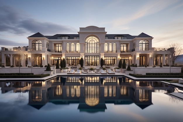 A large house with a pool in front of it