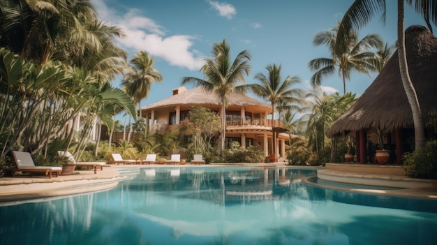 A large house with a pool in front of it