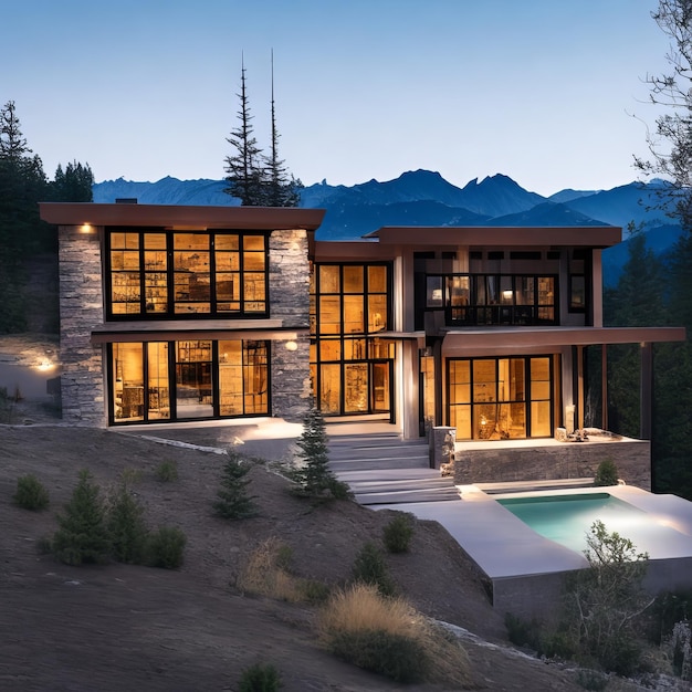 A large house with a pool in the middle of a mountain