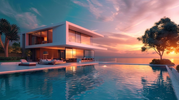 a large house with a pool and a palm tree on the horizon