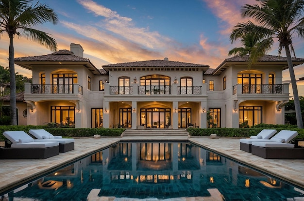 a large house with a pool and palm trees in the background