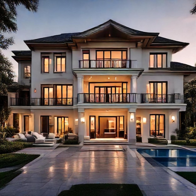 a large house with a pool and a pool in the background