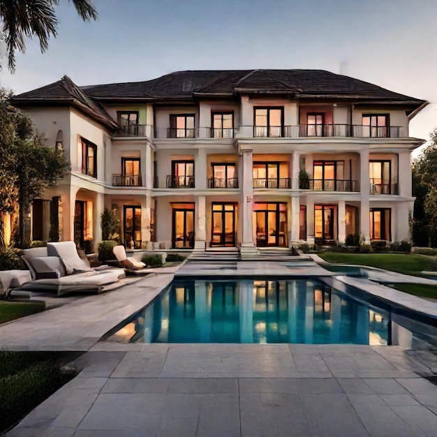 a large house with a pool and a pool in the background