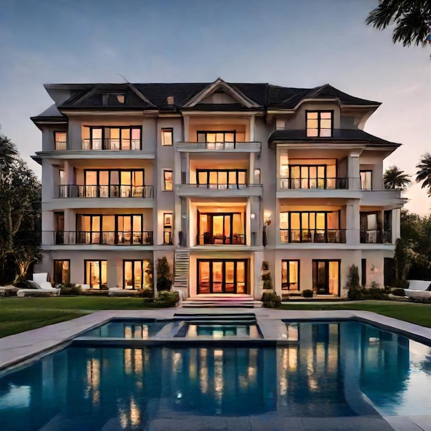 a large house with a pool and a pool in front of it