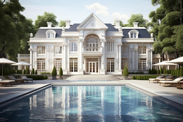 A large house with a pool and a pool with a house in the background