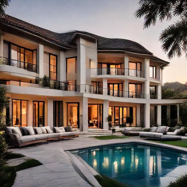 a large house with a pool and a pool with a pool in the foreground