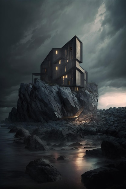 A large house with rock outcropping on rocky beach generative ai