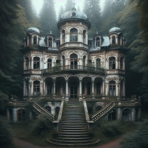 Photo a large house with a staircase that has a staircase that leads to a forest