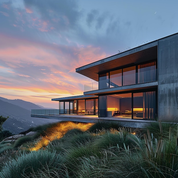 a large house with a sunset in the background