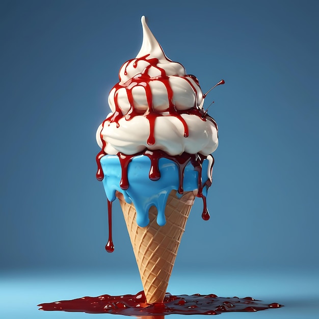 A large ice cream cone and dripping red and blue syrups melting in the sun Generative Ai