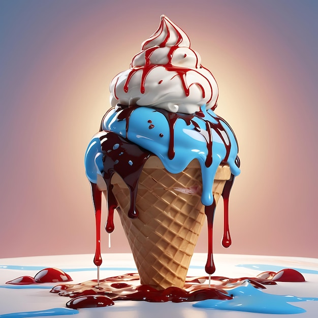 Photo a large ice cream cone and dripping red and blue syrups melting in the sun generative ai