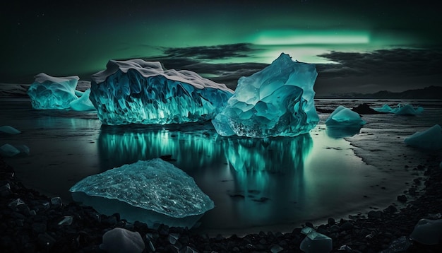 A large iceberg is lit up by the moon.