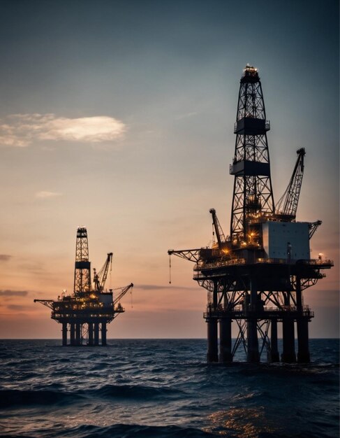 Photo a large illuminated offshore oil rig stands tall in the water at dusk the rigs lights cast a warm glow against the darkening sky while the platforms silhouette is framed by the rippling water ai