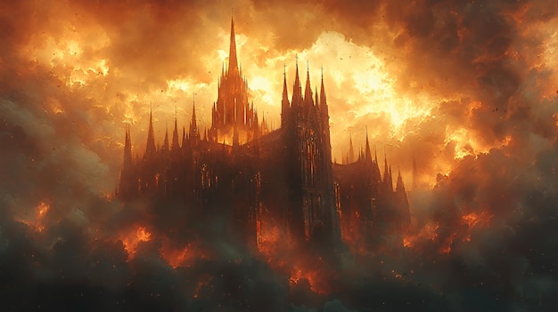 A large imposing gothic cathedral with a dark silhouette stands tall against a fiery red sky