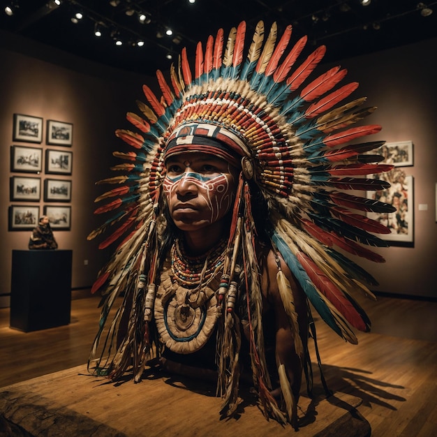 a large indian head is on display in a room with many pictures of a woman