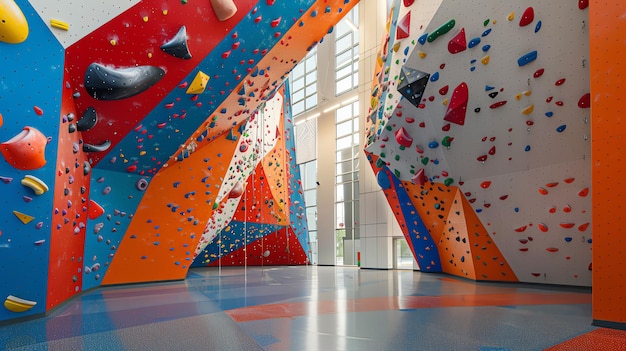 A large indoor rock climbing gym with colorful climbing walls and a variety of routes climbers level