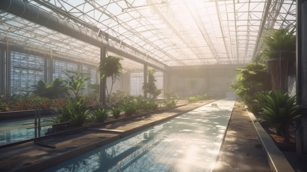 A large indoor swimming pool with a large glass roof and plants in the background.