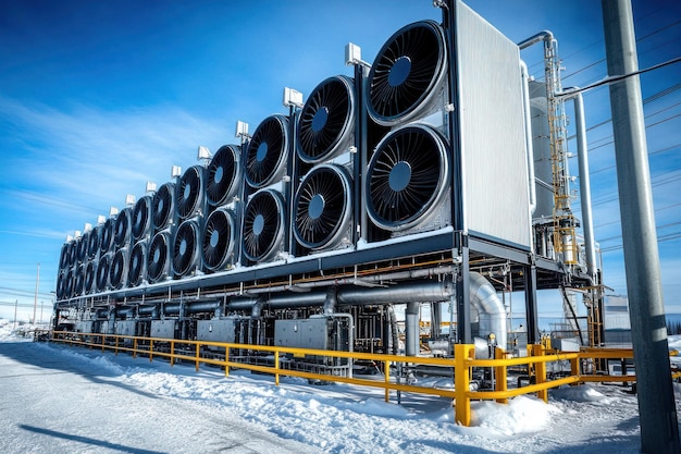 Photo a large industrial air source heat pump located in the middle of an arctic town with snow on ground