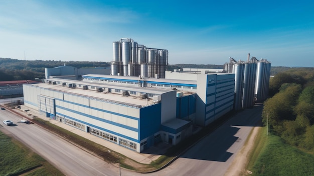 A large industrial building with a blue roof and a blue roof.