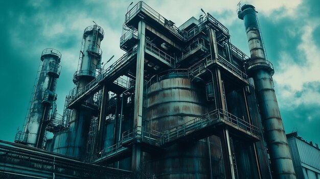 A large industrial building with a cloudy sky