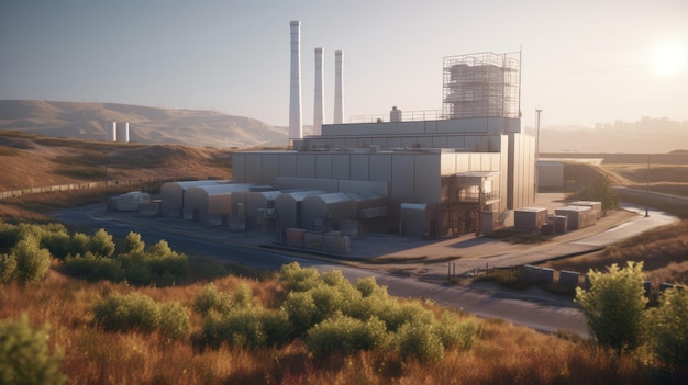 A large industrial building with a large chimney and a large smoke stack in the background.