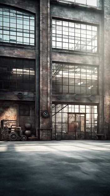 A large industrial building with a large window and a sign that says'the word'on it '