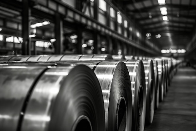 A large industrial building with many metal pipes stacked up