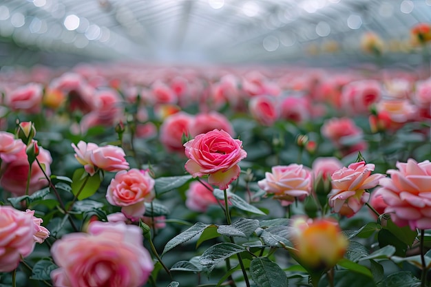 Photo large industrial greenhouse with dutch rosesthe overall plan