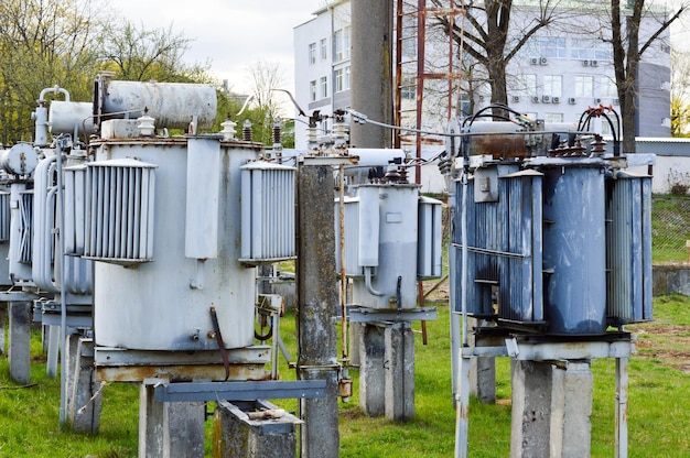 Large industrial iron metal transformer substation with transformers and highvoltage electrical