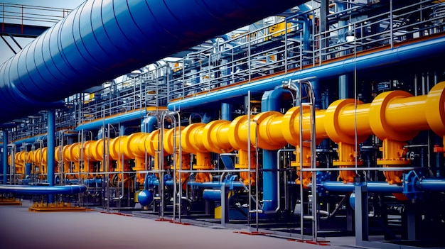 Large industrial pipe system with yellow and blue pipes and piping lines Generative AI