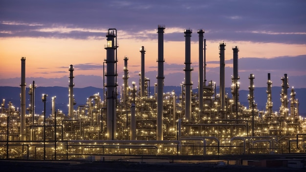 Photo a large industrial plant with lights on it and a mountain in the background