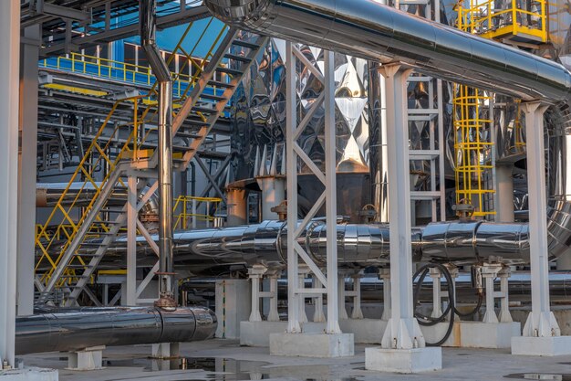 A large industrial plant with pipes and a yellow sign that says'the word'on it '