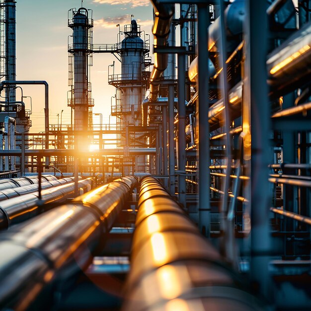 a large industrial plant with a sunset in the background