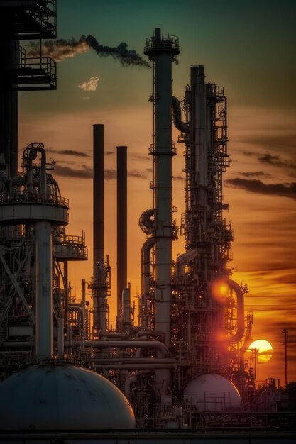 A large industrial plant with a sunset in the background