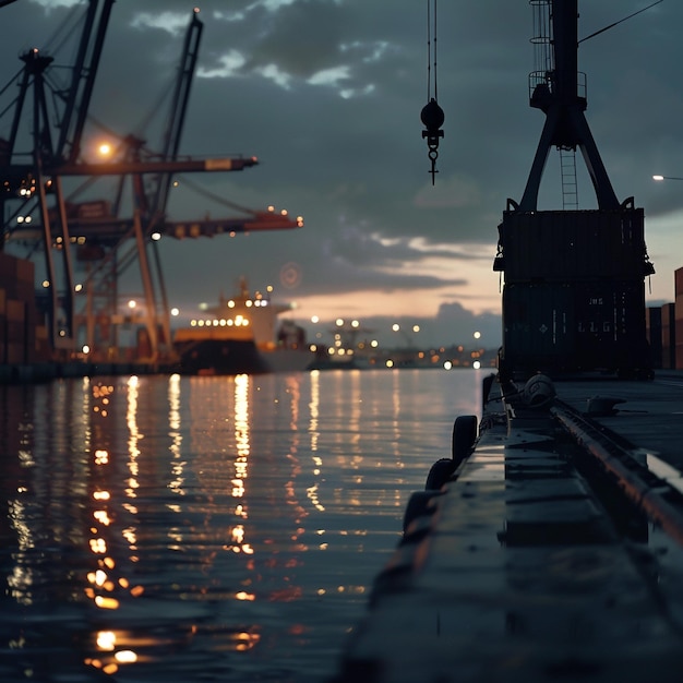 Photo a large industrial port with a large industrial ship in the water