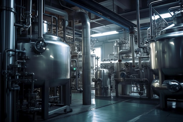 A large industrial room with many large metal pipes and a green light.