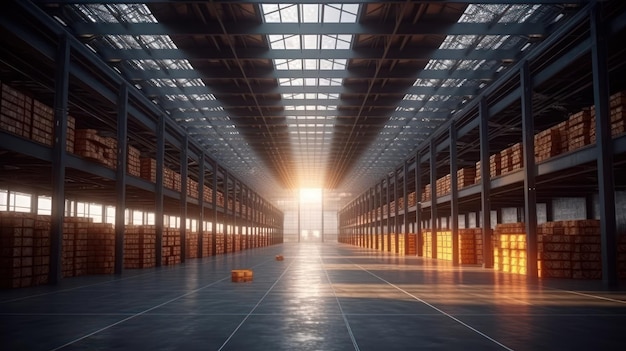 Large industrial warehouse Tall racks completely filled with boxes and containers Cardboard boxes on pallets Daylight fills the room through the windows Global logistic concept 3D illustration