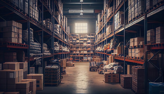 Large industrial warehouse with shelves full of goods