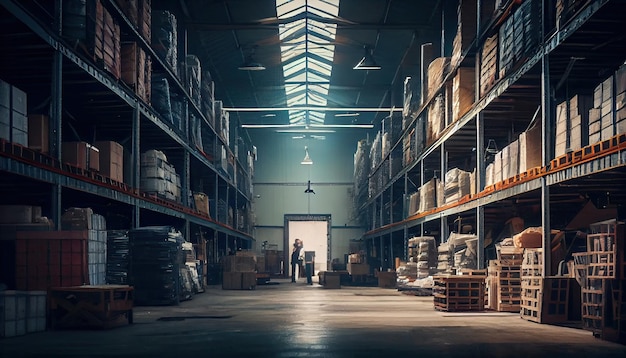 Large industrial warehouse with shelves full of goods