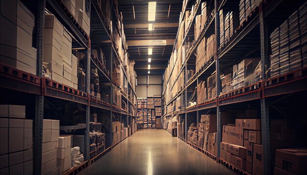 Large industrial warehouse with shelves full of goods