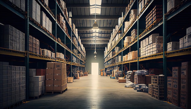 Large industrial warehouse with shelves full of goods