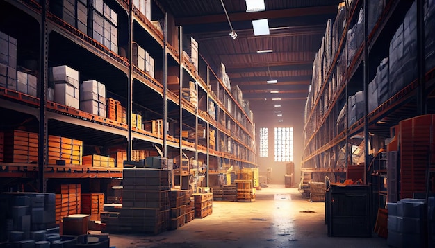 Large industrial warehouse with shelves full of goods