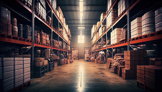 Large industrial warehouse with shelves full of goods