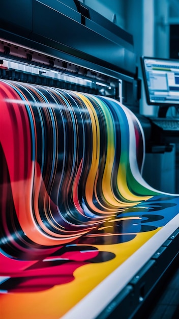 Large inkjet printer multicolor cmyk working on vinyl banner with computer control