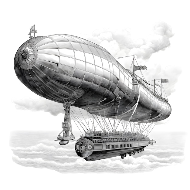 Photo large intricately designed steampunk airship floats through a cloudy sky airship has large