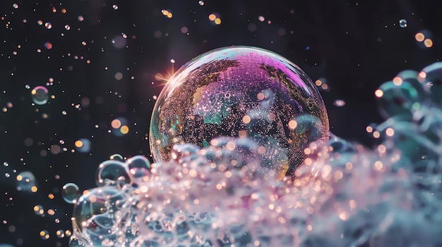 Photo a large iridescent soap bubble surrounded by smaller bubbles and water droplets creating a whimsical and abstract scene