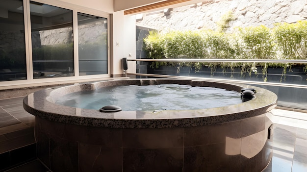 A large jacuzzi tub with a view of the garden.