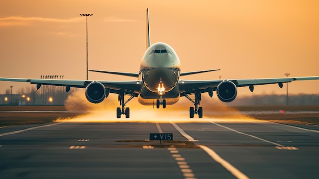 A large jetliner taking off from airport runway at sunset or dawn with the landing gear down and the landing gear down as the plane is about to take off Generative AI