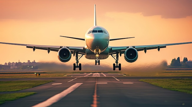 A large jetliner taking off from airport runway at sunset or dawn with the landing gear down and the landing gear down as the plane is about to take off Generative AI